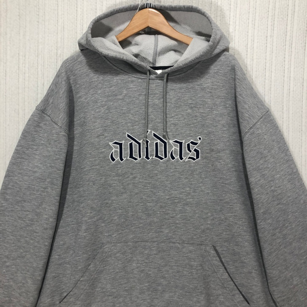 Adidas Vintage Gothic Logo Hoodie Grey XL Old English Embroidered Sweatshirt